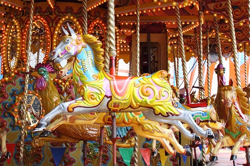 This carousel horse is called a jumper, as it has all feet off the ground Jumper carousel horse